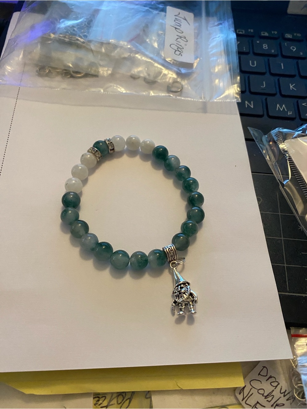 Handcrafted Amazonian Jade & White Jade with Troll Charm stretch bracelet